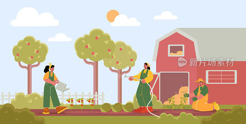 People work in garden in village or farm